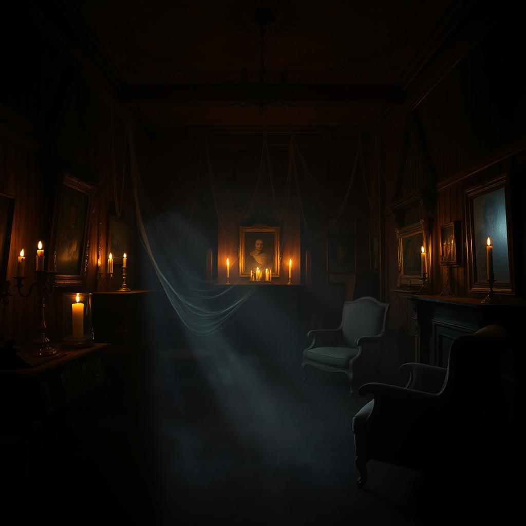 A mysterious and eerie ghost house enveloped in darkness, dimly lit by flickering candlelight