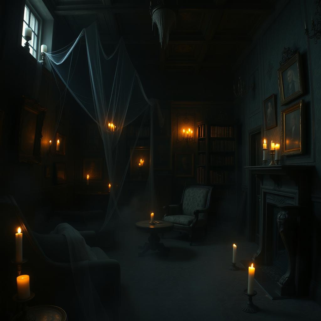 A mysterious and eerie ghost house enveloped in darkness, dimly lit by flickering candlelight