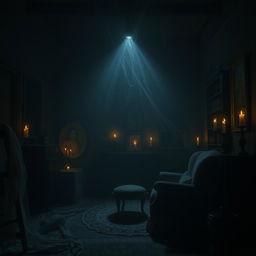 A mysterious and eerie ghost house enveloped in darkness, dimly lit by flickering candlelight