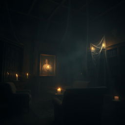 A mysterious and eerie ghost house enveloped in darkness, dimly lit by flickering candlelight