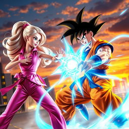 Barbie and Son Goku engaging in an epic battle