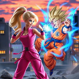 Barbie and Son Goku engaging in an epic battle