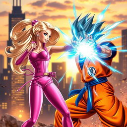 Barbie and Son Goku engaging in an epic battle