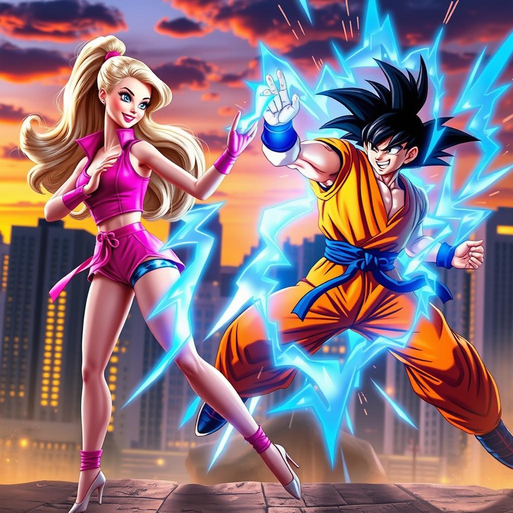 Barbie and Son Goku engaging in an epic battle