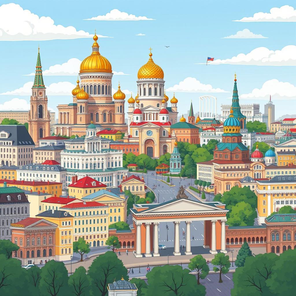 Illustrate the most famous landmarks of Kyiv, showcasing a vibrant urban landscape filled with historic and iconic structures