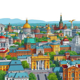 Illustrate the most famous landmarks of Kyiv, showcasing a vibrant urban landscape filled with historic and iconic structures