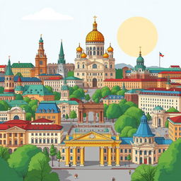 Illustrate the most famous landmarks of Kyiv, showcasing a vibrant urban landscape filled with historic and iconic structures