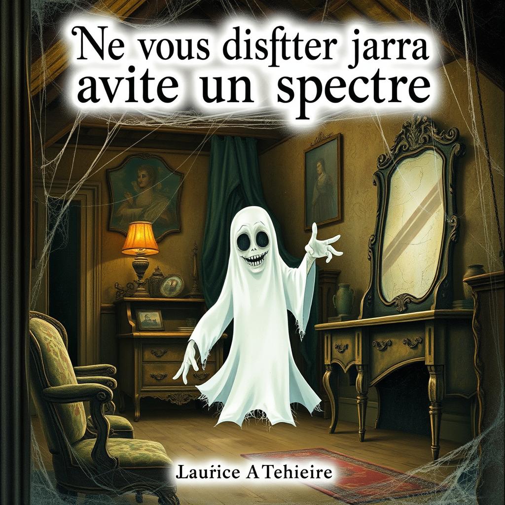 A book cover illustration for "Ne vous disputer jamais avec un spectre", featuring a ghostly figure in a dimly lit, cobweb-filled Victorian attic