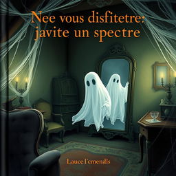 A book cover illustration for "Ne vous disputer jamais avec un spectre", featuring a ghostly figure in a dimly lit, cobweb-filled Victorian attic