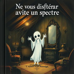 A book cover illustration for "Ne vous disputer jamais avec un spectre", featuring a ghostly figure in a dimly lit, cobweb-filled Victorian attic