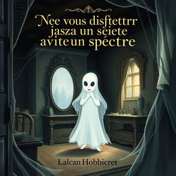 A book cover illustration for "Ne vous disputer jamais avec un spectre", featuring a ghostly figure in a dimly lit, cobweb-filled Victorian attic