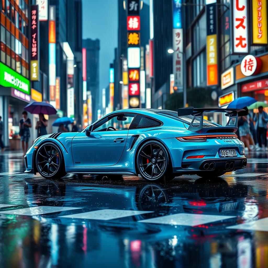 A captivating scene featuring a baby blue Porsche 911 GT2 RS elegantly gliding through the rain in vibrant Tokyo