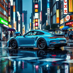 A captivating scene featuring a baby blue Porsche 911 GT2 RS elegantly gliding through the rain in vibrant Tokyo