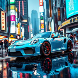 A captivating scene featuring a baby blue Porsche 911 GT2 RS elegantly gliding through the rain in vibrant Tokyo