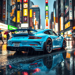 A captivating scene featuring a baby blue Porsche 911 GT2 RS elegantly gliding through the rain in vibrant Tokyo