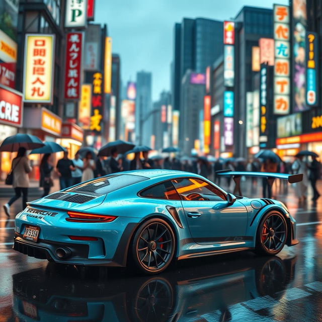 A captivating scene featuring a baby blue Porsche 911 GT2 RS elegantly gliding through the rain in vibrant Tokyo