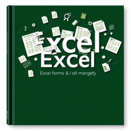 A book cover with a dark green background featuring intricately designed Excel forms and templates