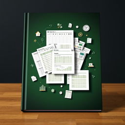 A book cover with a dark green background featuring intricately designed Excel forms and templates