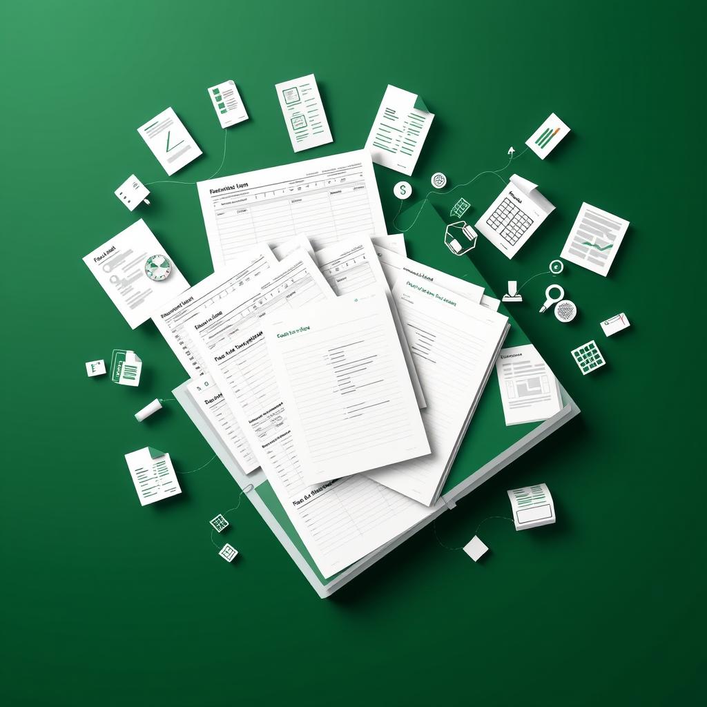 A book cover with a dark green background featuring intricately designed Excel forms and templates