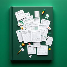 A book cover with a dark green background featuring intricately designed Excel forms and templates