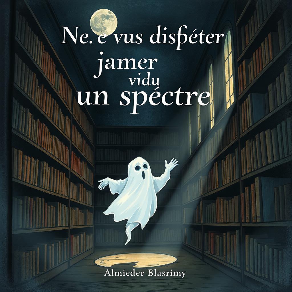 A book cover illustration for "Ne vous disputer jamais avec un spectre", portraying a ghost in a shadowy, antique library