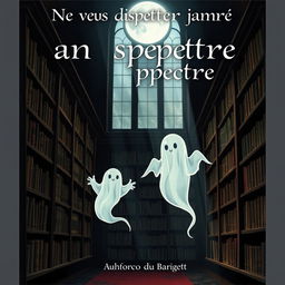 A book cover illustration for "Ne vous disputer jamais avec un spectre", portraying a ghost in a shadowy, antique library