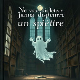 A book cover illustration for "Ne vous disputer jamais avec un spectre", portraying a ghost in a shadowy, antique library