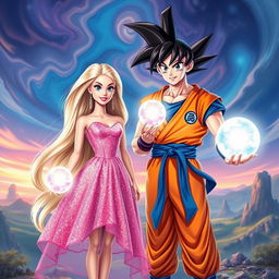 Barbie and Son Goku holding magical glowing spheres