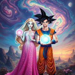 Barbie and Son Goku holding magical glowing spheres