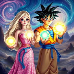 Barbie and Son Goku holding magical glowing spheres