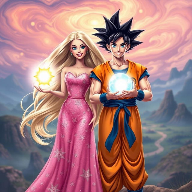 Barbie and Son Goku holding magical glowing spheres