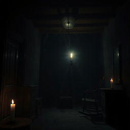 A mysterious house with a dark room illuminated only by a flickering candle