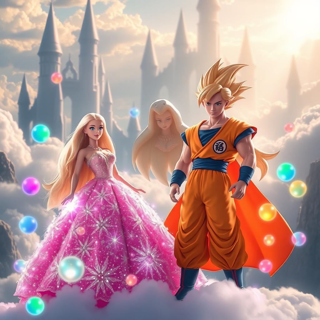 An imaginative scene set in a mystical cloud kingdom, featuring Barbie and Son Goku