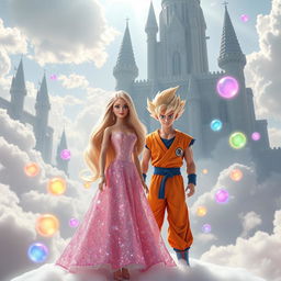 An imaginative scene set in a mystical cloud kingdom, featuring Barbie and Son Goku