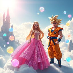 An imaginative scene set in a mystical cloud kingdom, featuring Barbie and Son Goku