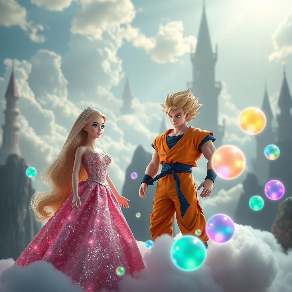 An imaginative scene set in a mystical cloud kingdom, featuring Barbie and Son Goku