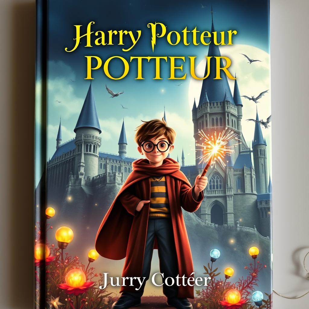 A book cover for "Harry Potteur", featuring a young wizard standing in front of a majestic, ancient castle with towering spires