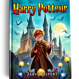 A book cover for "Harry Potteur", featuring a young wizard standing in front of a majestic, ancient castle with towering spires