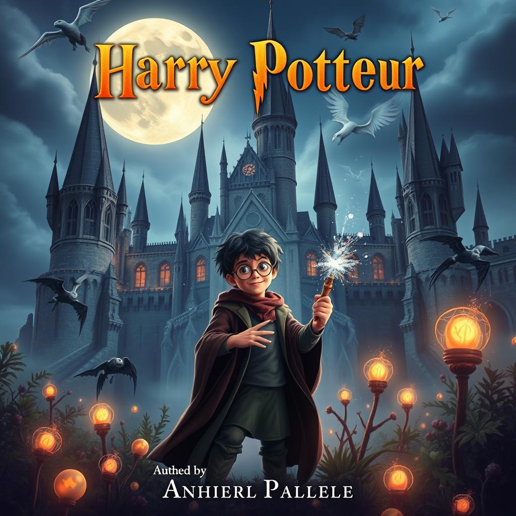 A book cover for "Harry Potteur", featuring a young wizard standing in front of a majestic, ancient castle with towering spires