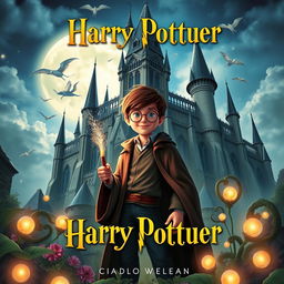 A book cover for "Harry Potteur", featuring a young wizard standing in front of a majestic, ancient castle with towering spires