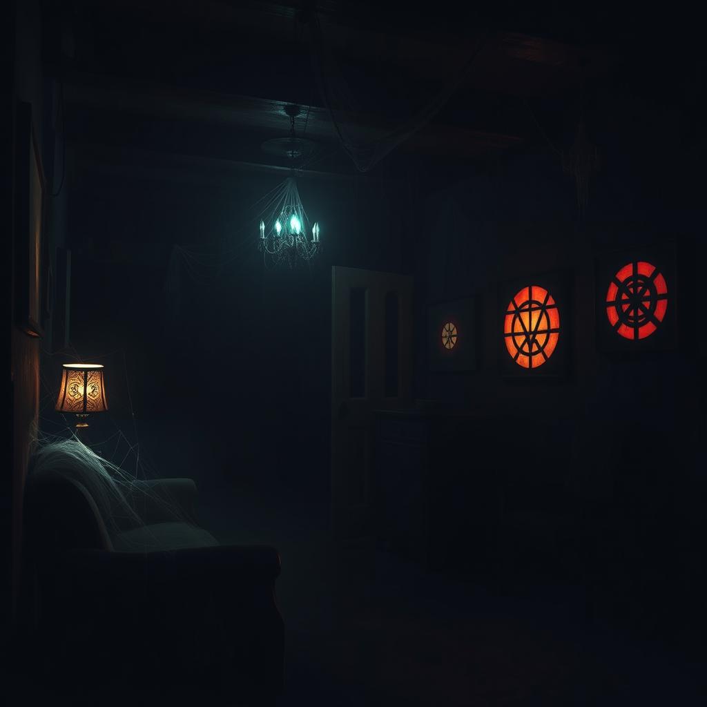 A mysterious house featuring a dark room with strange glowing lights that create an eerie ambiance