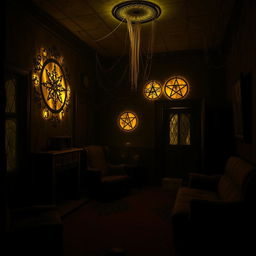 A mysterious house featuring a dark room with strange glowing lights that create an eerie ambiance