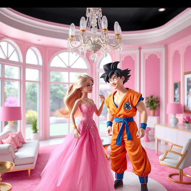 Barbie and Son Goku in Barbie's Dreamhouse, Barbie is wearing a glamorous pink dress with sparkling accessories, Son Goku in his orange and blue gi with a cheerful expression