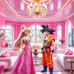 Barbie and Son Goku in Barbie's Dreamhouse, Barbie is wearing a glamorous pink dress with sparkling accessories, Son Goku in his orange and blue gi with a cheerful expression