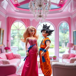 Barbie and Son Goku in Barbie's Dreamhouse, Barbie is wearing a glamorous pink dress with sparkling accessories, Son Goku in his orange and blue gi with a cheerful expression