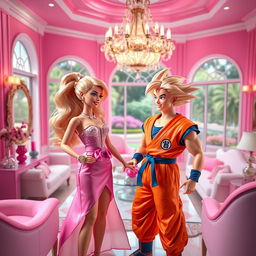 Barbie and Son Goku in Barbie's Dreamhouse, Barbie is wearing a glamorous pink dress with sparkling accessories, Son Goku in his orange and blue gi with a cheerful expression