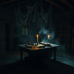 A mysterious house with a dark room featuring an ancient wooden table at its center, illuminated by an eerie glow