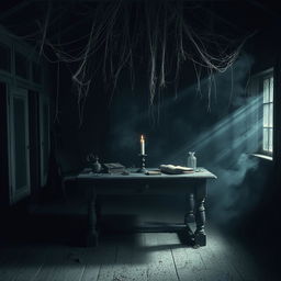 A mysterious house with a dark room featuring an ancient wooden table at its center, illuminated by an eerie glow