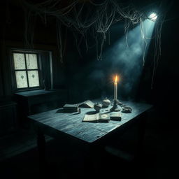 A mysterious house with a dark room featuring an ancient wooden table at its center, illuminated by an eerie glow