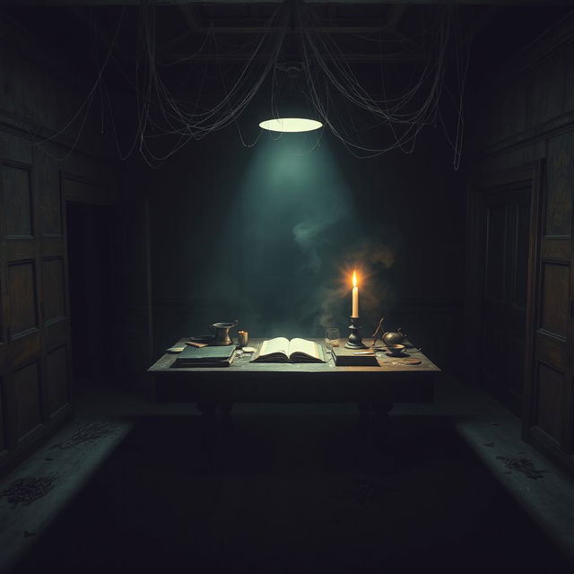 A mysterious house with a dark room featuring an ancient wooden table at its center, illuminated by an eerie glow